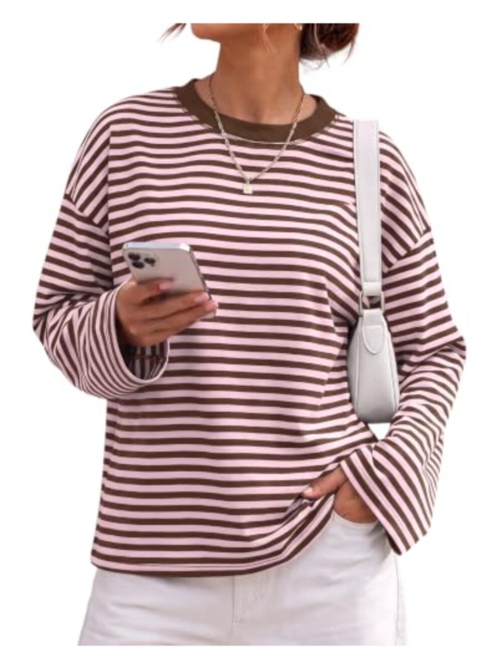 Womens Striped Long Sleeve Oversized Crewneck Y2K Fall Tee Top